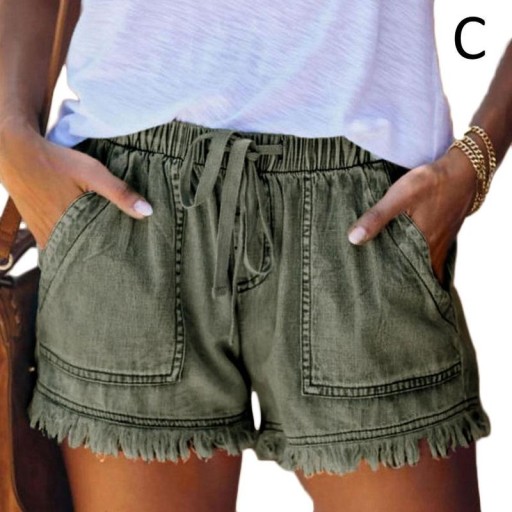 Denim shorts tied with an elastic band