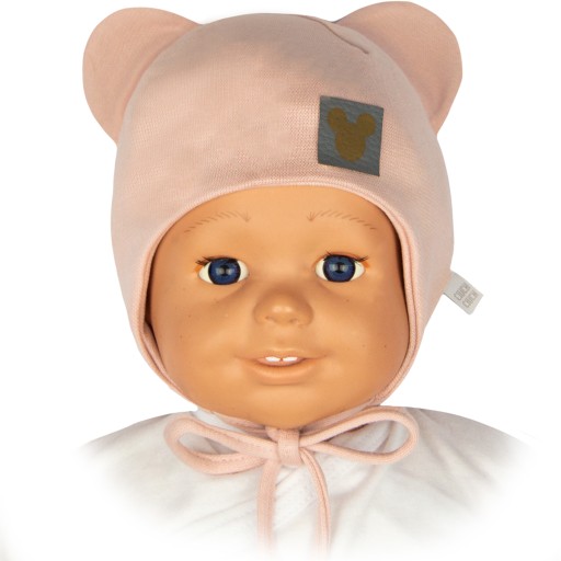 Czapka niemowlęca DZIEWCZYNKA bawełna wiązana NA USZY pudrowy róż 36-37cm