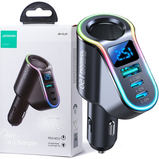 JOYROOM SZYBKA ŁADOWARKA SAMOCHODOWA 4W1 USB-A QC3.0/2XUSB-C PD 150W CZARNA