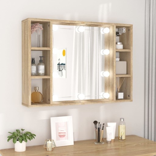 Szafka z lustrem i LED, biała z połyskiem, 76x15