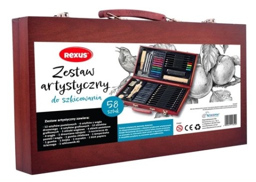Zestaw artystyczny do szkicowania w drewnianej walizce 58 elementów Rexus