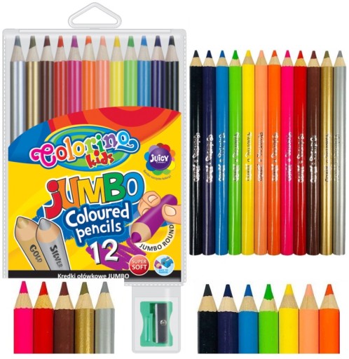 GRUBE KREDKI ołówkowe szkolne okrągłe COLORINO Jumbo 12 kol + temperówka