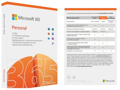 Pakiet Microsoft Office 365 Personal Word Excel PowerPoint dom i firma 5PC