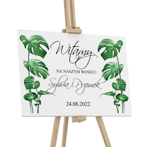 DREWNIANA TABLICA POWITALNA 50x70 ŚLUB LIŚCIE MONSTERA IMIONA