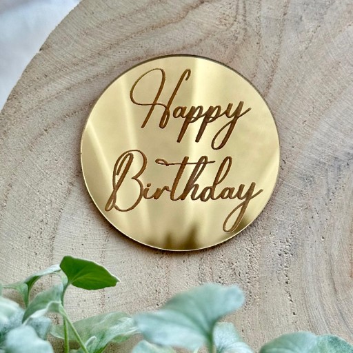 Happy Birthday urodzinowa dekoracja Kółko z grawerem Plexi Złote Lustro 6cm