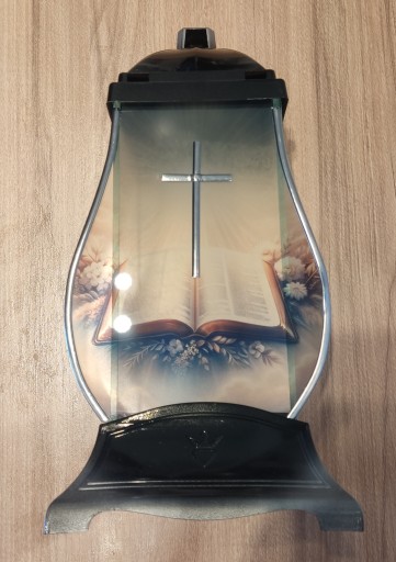 Znicz szklany KAPLICZKA KSIĘGA KRZYŻ SREBRNY 32CM NOWOŚĆ