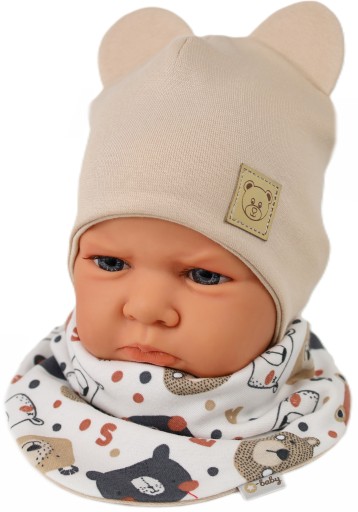 KOMPLET CZAPKA + APASZKA DWUSTRONNA 38-40 WIOSNA / JESIEŃ BEIGE 3m+