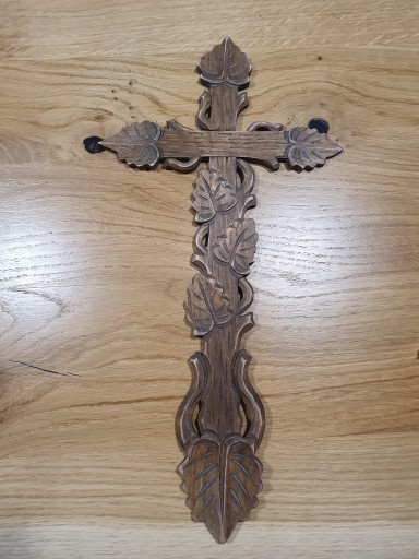 Drewniany (RZEŹBIONY) krzyż na ścianę 36x18 cm |RĘKODZIEŁO