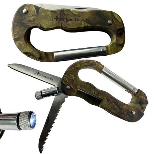JB Tacticals Karabińczyk z nożem piłką i latarką MULTITOOL 5w1 JB-06 CAMO
