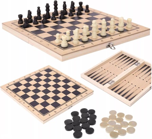 DREWNIANE SZACHY 30x30cm 3w1 WARCABY GRA PLANSZOWA