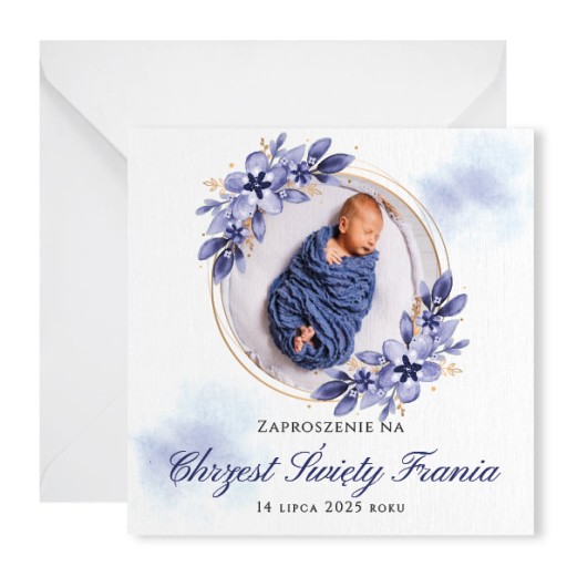 Zaproszenie Chrzest Personalizowane + koperta zaproszenie fioletowe kwiaty