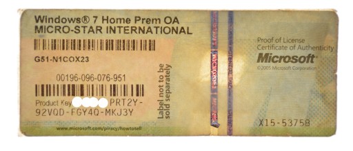LICENCJA WINDOWS 7 MICRO-STAR HOME PREMIUM