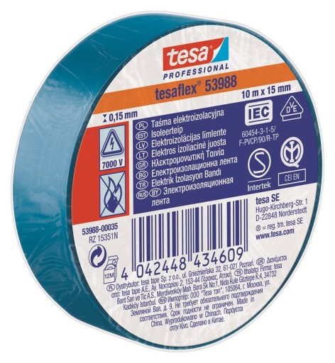 Tesa Taśma Elektroizolacyjna Mocna Izolacja PCV / PVC Niebieska 10m x 15mm