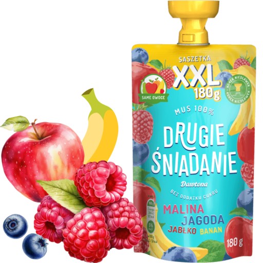 Mus Owocowy MALINA Jagoda Jabłko 180 g Dawtona Drugie Śniadanie Bez Cukru