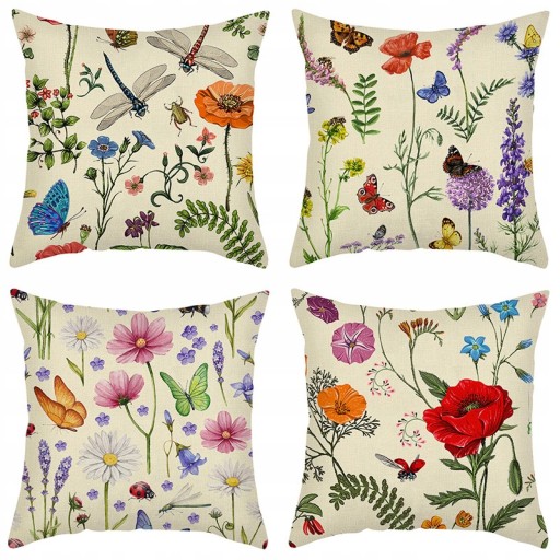 Set of 4 Floral Polyester Linen Throw Pillowcases