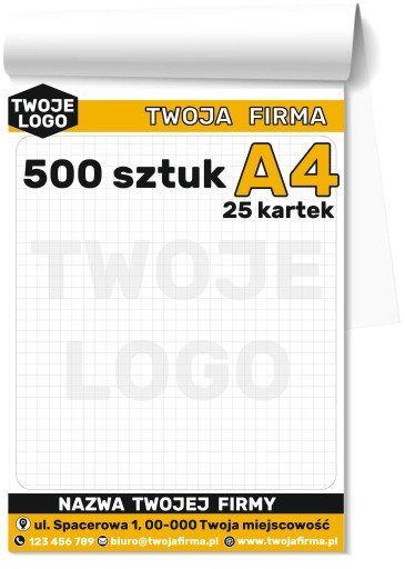 Firmowe BLOCZKI klejone A4 NOTESY reklamowe z Nadrukiem LOGO 500 sztuk