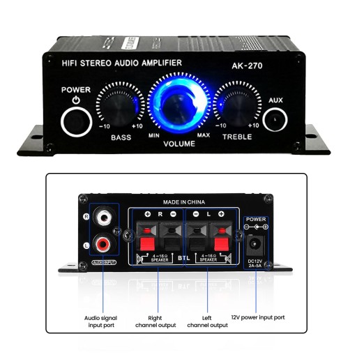 12V 2A Stereo , -3.5mm AUX input, speaker for