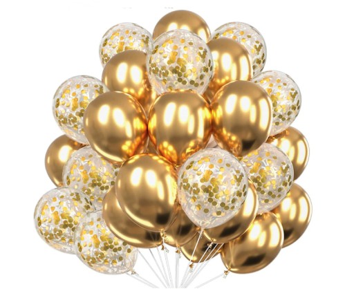BALONY LATEKSOWE ZŁOTE GOLD CHROM + KONFETTI dekoracja hel sylwester 50 szt