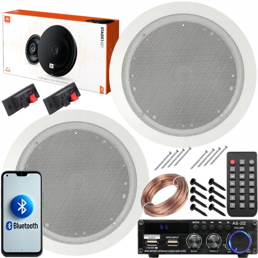 2 Głośniki Sufitowe JBL do Łazienki + Wzmacniacz z BT USB RADIO FM Pilot