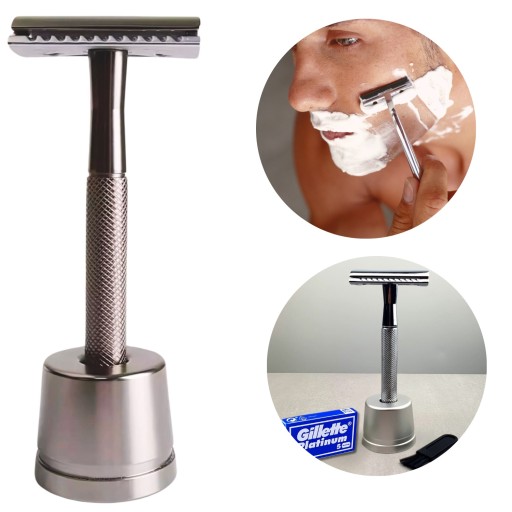 MASZYNKA DO GOLENIA NA ŻYLETKI GILLETTE TRADYCYJNA METALOWA ZESTAW ZE STOJA