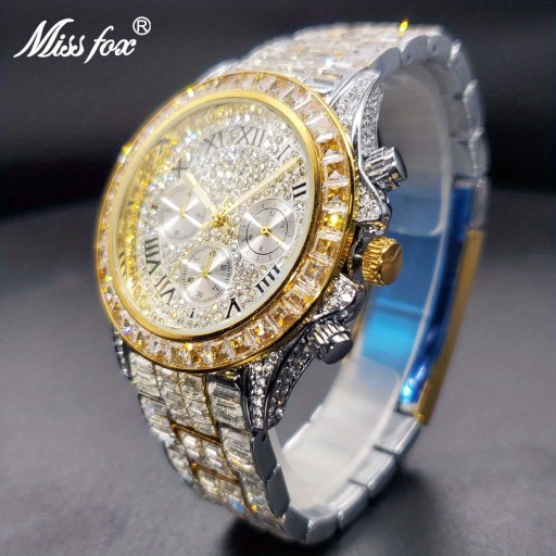 Luksusowy męski zegarek z Raninbow Rhinestone Bagietki Zegar