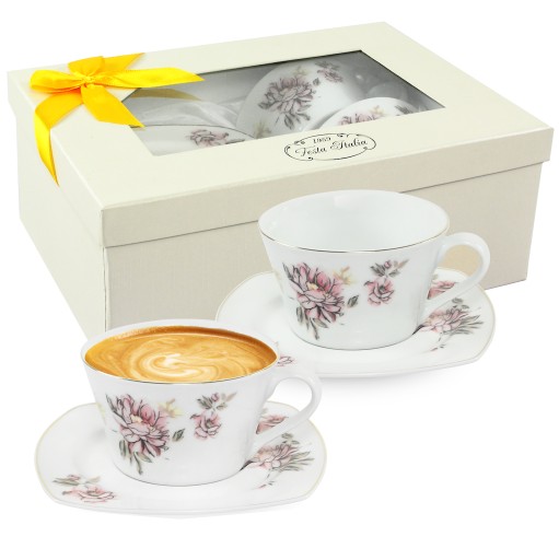 KOMPLET FILIŻANEK ZE SPODKIEM DO KAWY HERBATY PORCELANA 2x 220ml