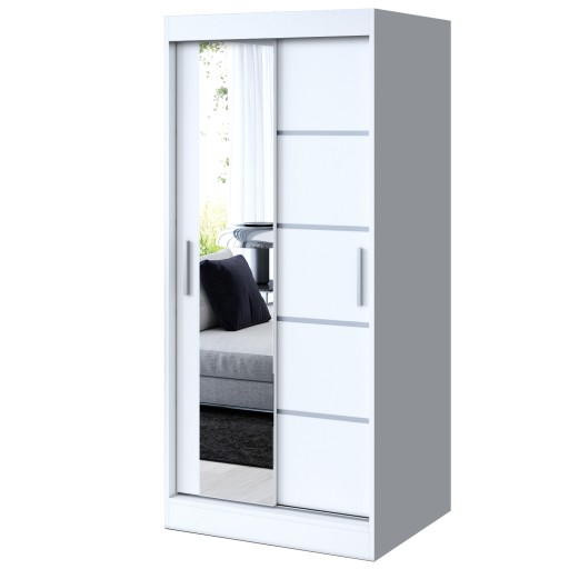 Szafa Przesuwna 90 cm Biała Listwy Lustro