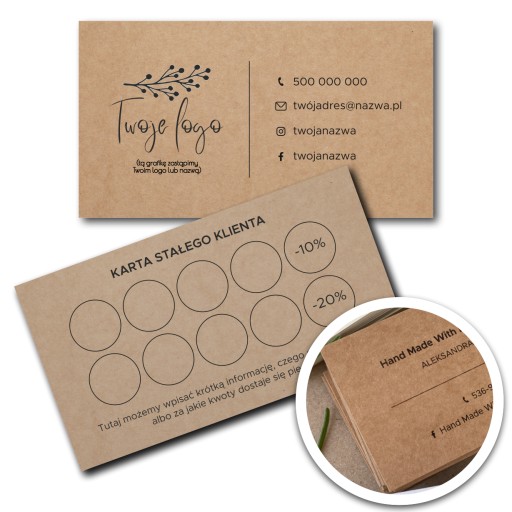 Karty stałego klienta + wizytówki, 100 sztuk, papier eko kraft 250g