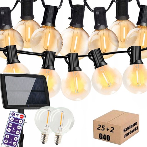 GIRLANDA SOLARNA OGRODOWA ŁAŃCUCH LAMPKI 25+2 G40 ŻARÓWKA LED 7,6M Z PILOT