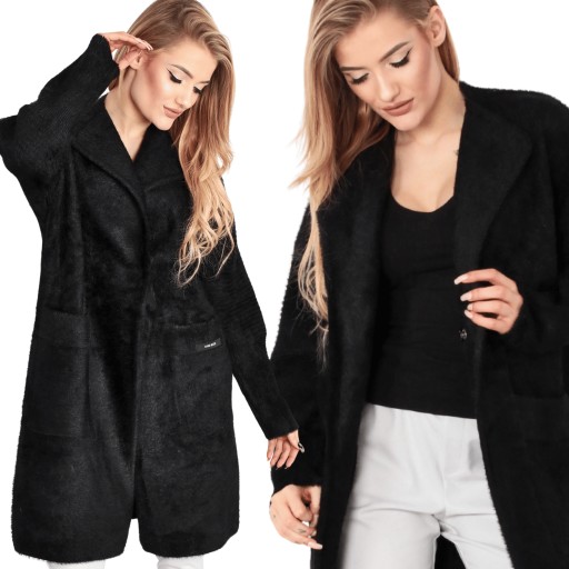 PŁASZCZ KOŁNIERZ ALPAKA DAMSKI KOBIECY DŁUGI ELEGANCKI MODNY CZARNY 2019