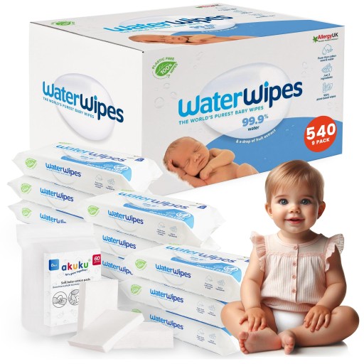 WATERWIPES BIO Chusteczki nawilżane - 9x60 SZT + PŁATKI KOSMETYCZNE Akuku