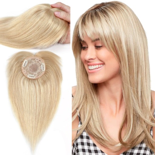 NATURALNE Grzywka Damski Tupet Topper Jasny Popielaty Blond/Bleach Blond