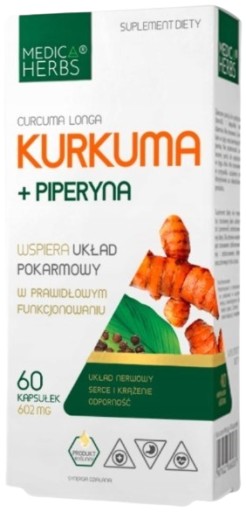 Medica Herbs CURCUMA i PIPERYNA Tumeric KURKUMA Odporność Krążenie 60kaps.
