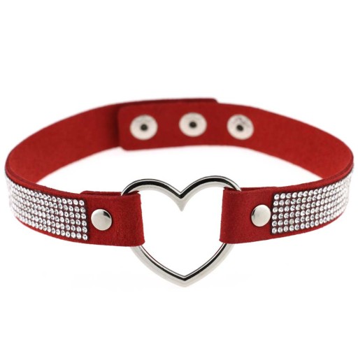 Naszyjnik Choker Czerwony Zamsz Cyrkonie Serce Kitty Szeroki 17mm