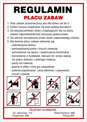 REGULAMIN PLACU ZABAW - TABLICA DUŻA - 35 x 25 cm