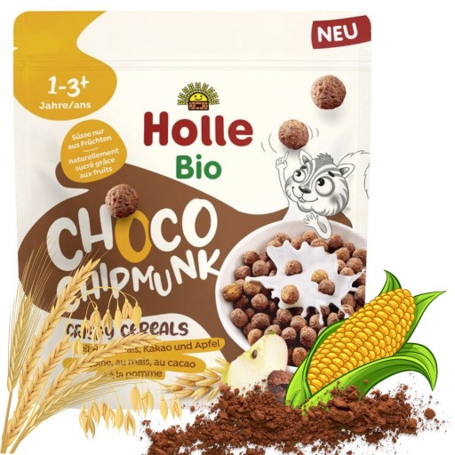 HOLLE CHOCO CHIPMUNK EKOLOGICZNE KULKI PŁATKI DO MLEKA CZEKOLADOWE 1+