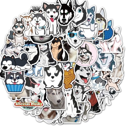 WLEPY HUSKY PIESKI MIX NAKLEJKI WODOODPORNE 50 szt