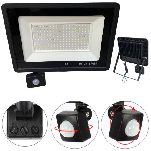HALOGEN NAŚWIETLACZ LED 150W CZUJNIK RUCHU SZCZELNOŚĆ IP66 ZIMNY BIAŁY