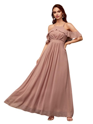 W15212 *SHEIN SUKIENKA MAXI ODKRYTE RAMIONA FALBANY BRUDNY RÓŻ M