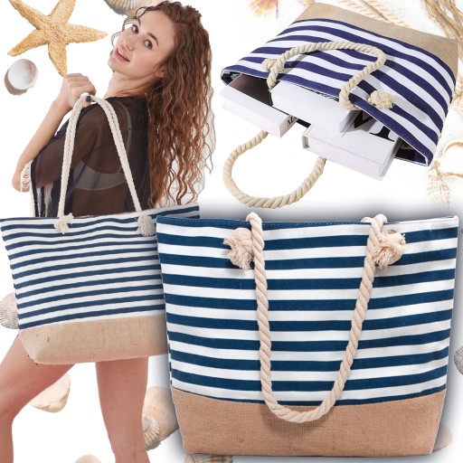 TORBA PLAŻOWA MARYNARSKA W PASKI ZAPINANA MIEJSKA SHOPPER NA ZAKUPY PLAŻĘ