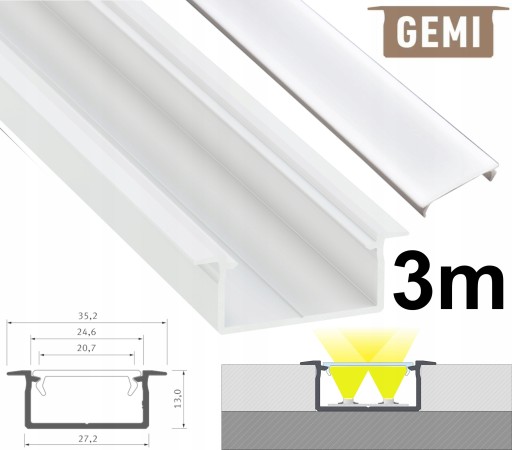 PROFIL LED GEMI SZEROKI NA 2 TAŚMY LED BIAŁY 3M Z KLOSZEM PMMA