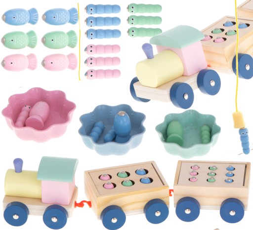 Drewniany sorter montessori łowienie rybek pociąg