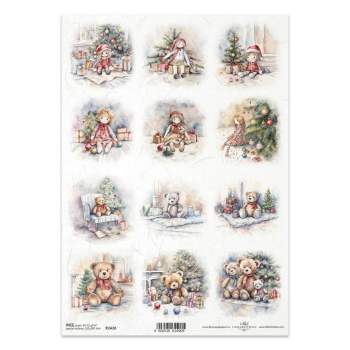 PAPIER RYŻOWY do decoupage A4 ITD-R2428 lalki i misie pod choinką