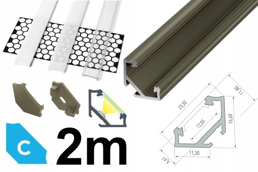 PROFIL LED NAROŻNY 45° TYPU C ZESTAW INOX 2M