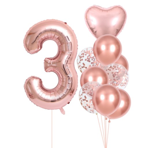 Balony Na 3 Latka Cyfra 3 urodziny Rose Gold Serce