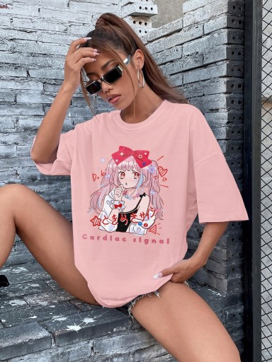 SHEIN T-SHIRT DAMSKI RÓŻOWY NADRUK KLASYCZNY 36 S