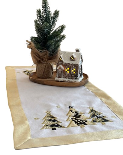 Świąteczny bieżnik na ławę stół 40x90cm haft - ZŁOTE CHOINKI, na PREZENT