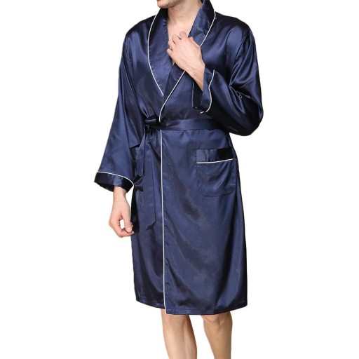 Men Satin Bathrobe with Belt Adults Contrast Color