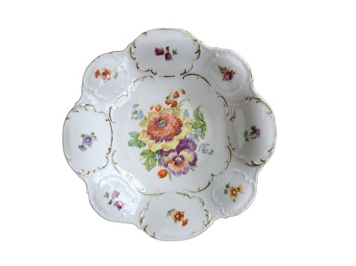 PATERA PORCELNOWA W KWIATY, ZŁOCONA