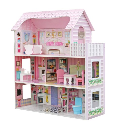 Domek willa dom dla lalek drewniany ECO 3-poziomowy 8 mebli Kinderlly